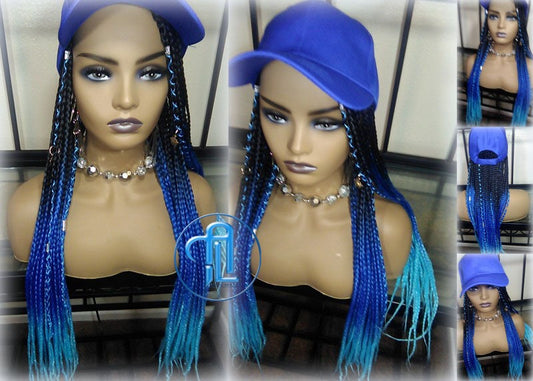 Blue Ombre Box Braid Hat Wig  Gym Hat Baseball Cap  Braided Hat Wig Women’s Hair Summer Hat Winter Hat Hair Cap Wig Hat Chemo Hat Alopecia