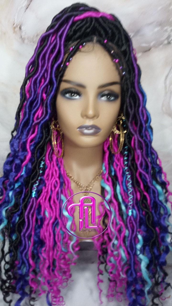 Full Lace Braid Dread Wig Black Blue Pink Purple Ombre Goddess Faux Loc Wig Mermaid long rainbow boho bohemian braids wig