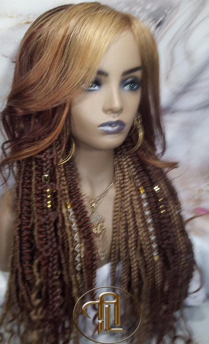 Human Hair Lace Frontal Dread Braid Twist Boho Synthetic Side Part Bohemian Ombre Brown Blonde Long Wavy Curly Balayage Wig