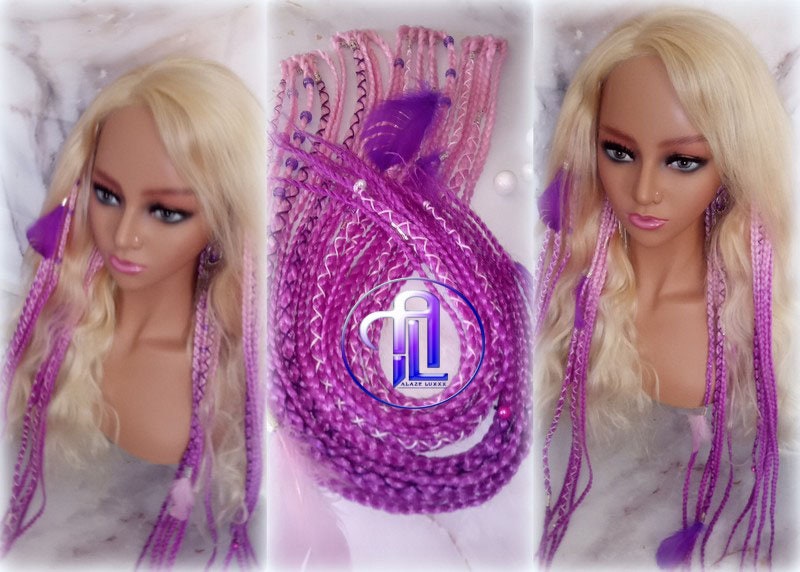 Pink Purple Ombre Clip in Braid Long 24 in Boho Extensions Pink Ombre Purple Box braiding hair Rave Festival Feathers Elements