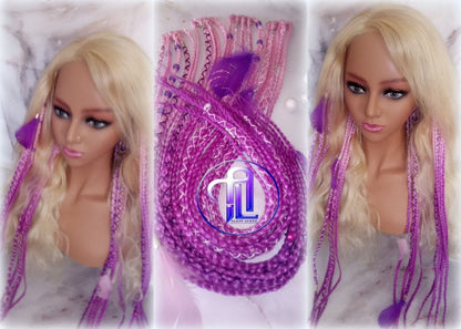 Pink Purple Ombre Clip in Braid Long 24 in Boho Extensions Pink Ombre Purple Box braiding hair Rave Festival Feathers Elements