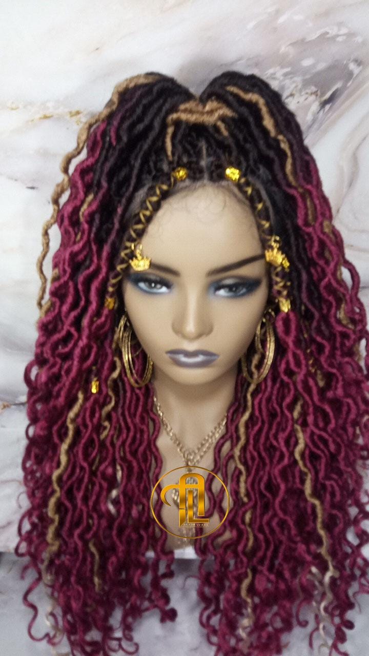 Full Lace Wig Red Burgundy 1b Black 530 Long Ombre Goddess Locs Honey Blonde 27 Marley Synthetic Braided Wig Curl Ends Bohemian Boho Gypsy