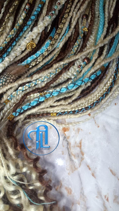Blue Bohemian Brown Blonde Blue Set Soft boho dreadlocks textured braid wavy SE Full set Curls dreads Dragon Braid Festival Long Jungle Hair