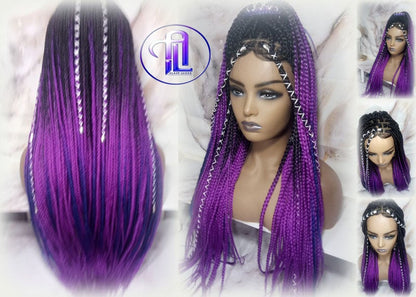 Box Braids Ombre Black Purple Blue Mermaid Gradient Braid Wig 24 Inch Long Synthetic Braiding Hair Extension