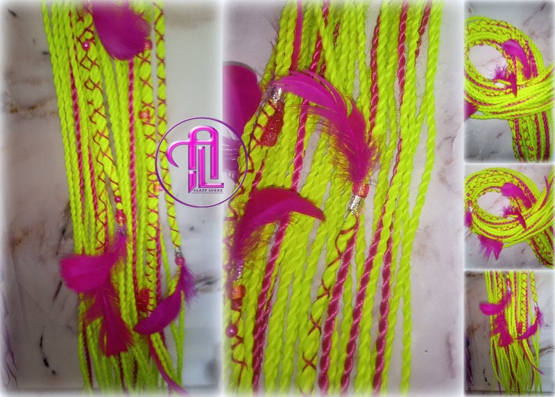 Ponytail Hair Fall Extensions Neon Green Slime Hot Pink Elements Accents Feathers synthetic senegalese twist braids hair scrunchie clip in