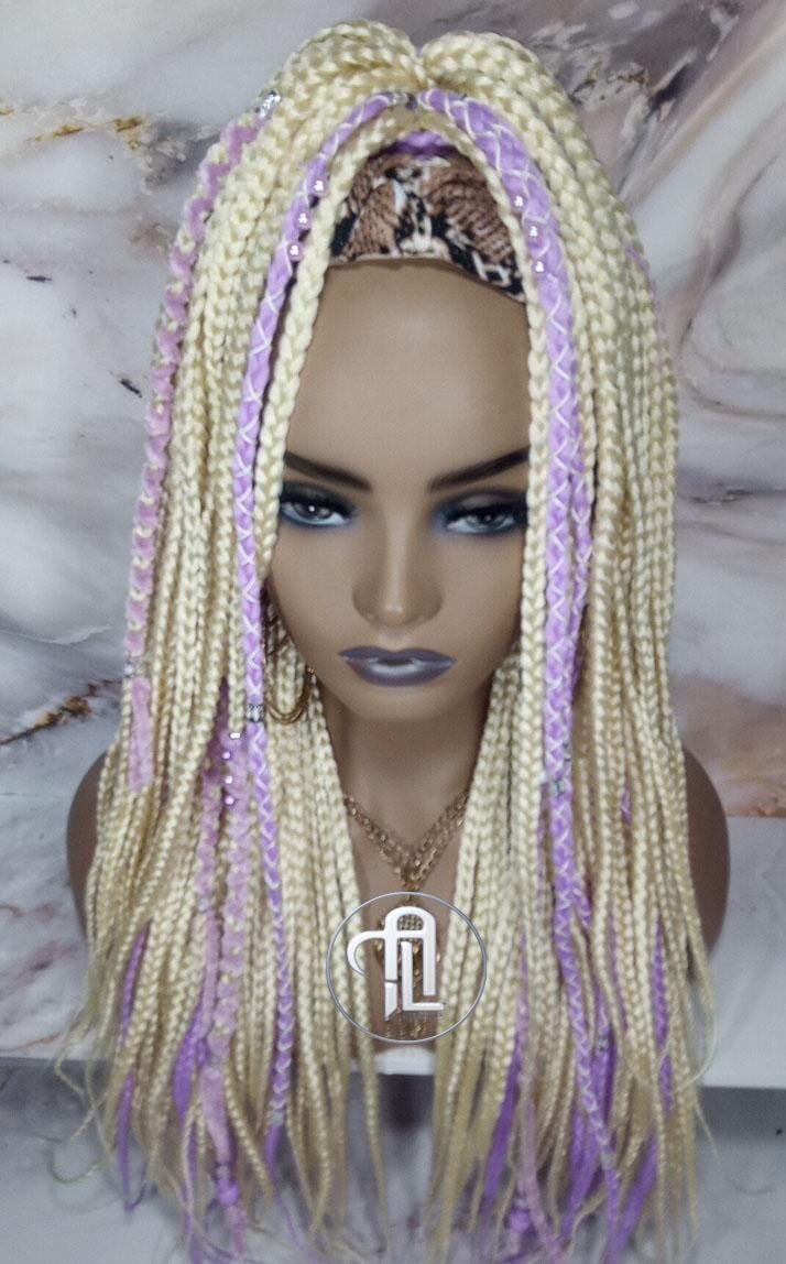 Headband Wig Blonde 613 Platinum Purple Lavendar Box Braids Gypsy Bohemian Boho Box Braids Long Straight Plaits Braided Wig Viking