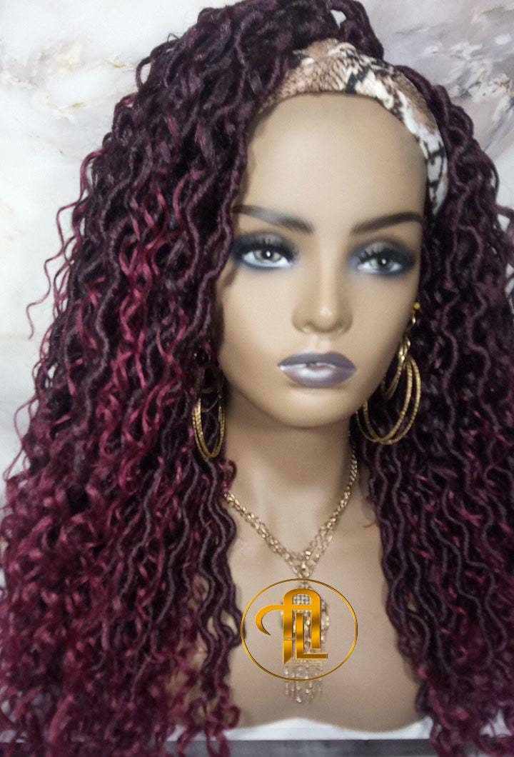 Headband Wig Mix Burgundy Black Ombre River Boho Loc Wig Goddess Faux Locs Gypsy Bohemian Curly Waterfall Hair Curly Ends