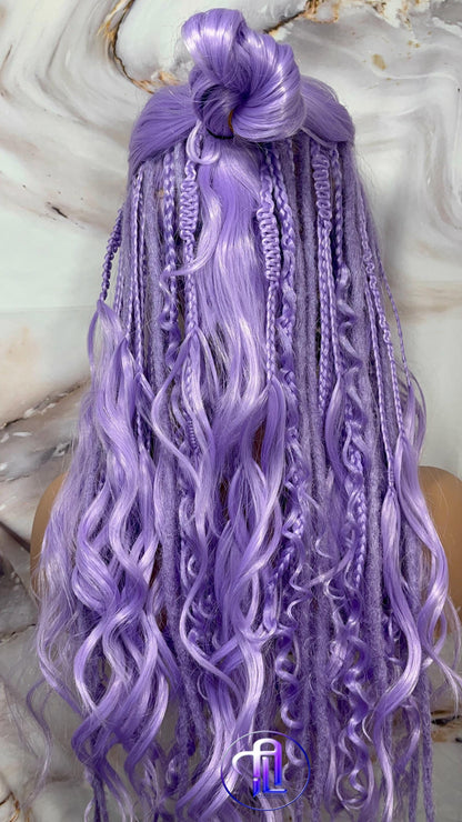 Lavender Purple Dread Braid Wig With Bangs – Long Synthetic Boho Glam Wig - Chain Snake Goddess Loc Braid Wavy Curly Pastel 24in'
