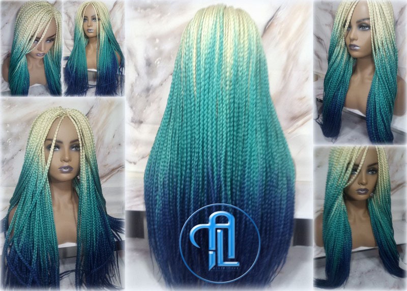 Box Braid Wig Creamy-White Blonde Lake Blue Royal Blue Braid Wig Long  Ombre Blonde Creamy Green Turquoise Blue Mermaid Hair Multi Color
