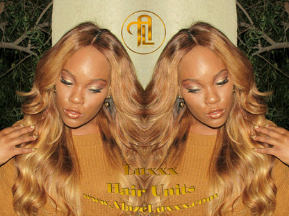 Honey Blonde Auburn 27/30 Dark Roots Ombre 24 In' Long  Custom Color Virgin Hair Unit Lace Front Celebrity Wigs Kim Khloe Kardashian Wig