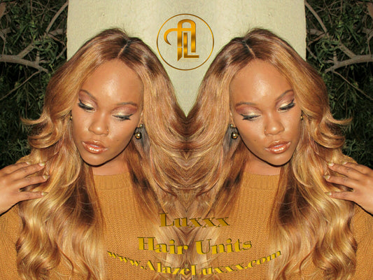 Honey Blonde Auburn 27/30 Dark Roots Ombre 24 In' Long  Custom Color Virgin Hair Unit Lace Front Celebrity Wigs Kim Khloe Kardashian Wig