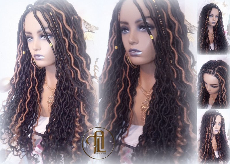 Bohemian Goddess Faux Loc Wig 4x4 Lace Closure No Baby Hairs Dread Wig Wavy Black Dreads Honey Blonde 27 Synthetic Nu Goth Marley Dred Lock
