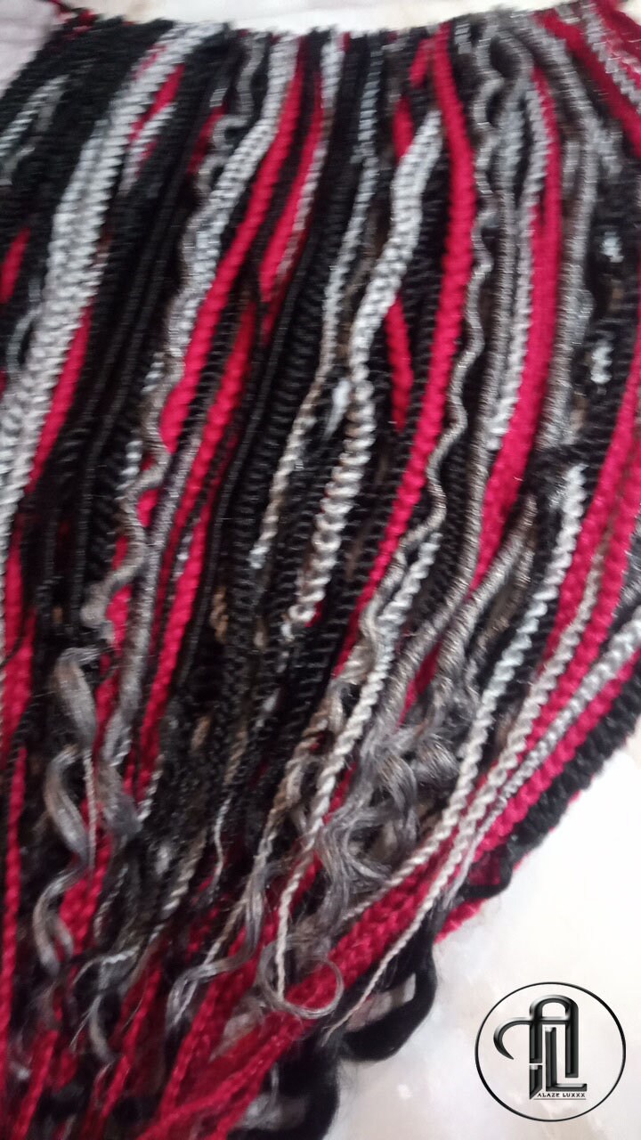 Viking Extensions Red Black Grey Silver Single End SE Braid Plaits Twist Dreads Set 100 Piece Set Kit Crochet Boho Single Loop Dreads Hippy