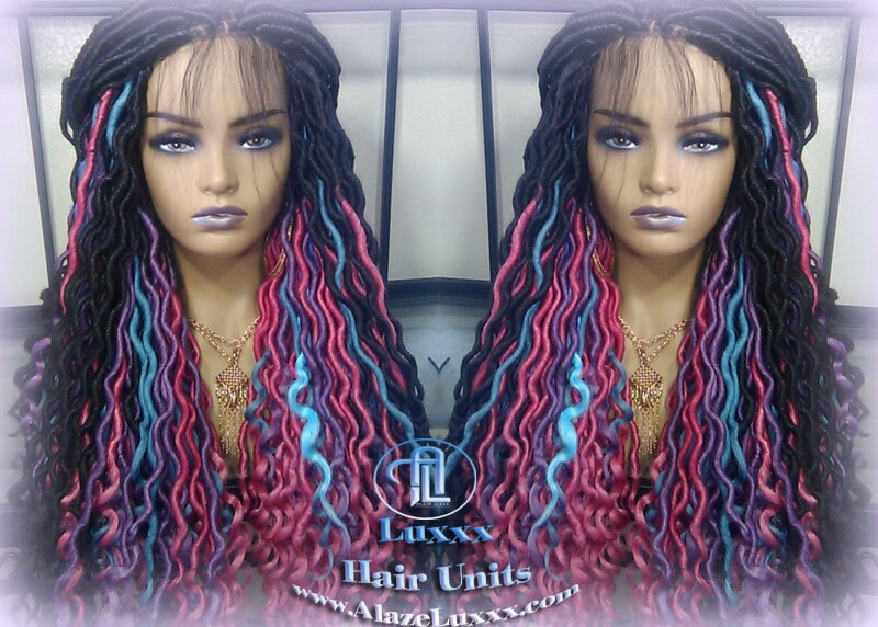 Blue Pink Purple Teal Ombre Goddess Faux Locs Lace Closure w Baby Hairs Faux Loc Wig 4x4 Wig Mermaid long rainbow boho bohemian braids wig