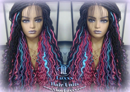 Blue Pink Purple Teal Ombre Goddess Faux Locs Lace Closure w Baby Hairs Faux Loc Wig 4x4 Wig Mermaid long rainbow boho bohemian braids wig