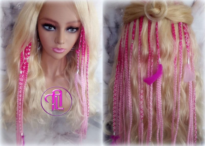 Pink Ombre Clip in Braid Long 24 in Boho Extensions Pink Ombre Blonde Pink Box braiding hair Rave Festival Elements Feathers