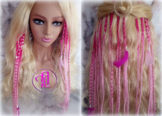 Pink Ombre Clip in Braid Long 24 in Boho Extensions Pink Ombre Blonde Pink Box braiding hair Rave Festival Elements Feathers