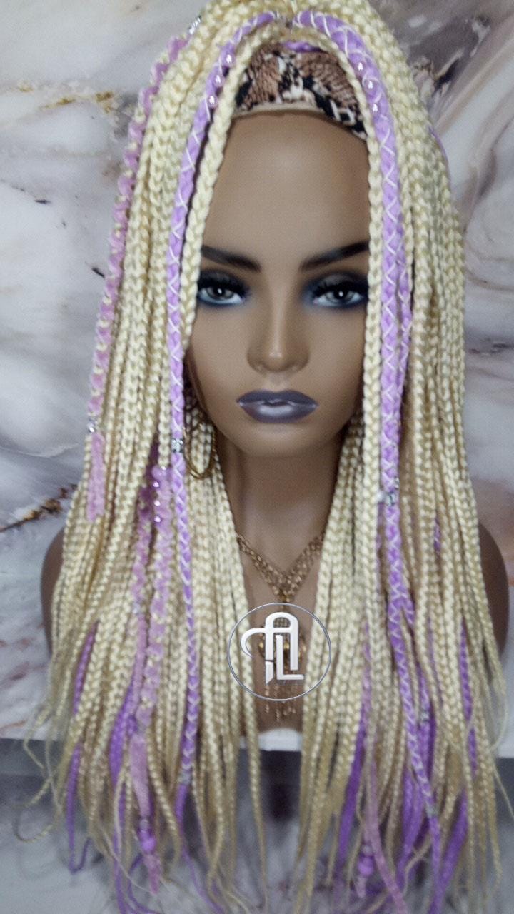 Headband Wig Blonde 613 Platinum Purple Lavendar Box Braids Gypsy Bohemian Boho Box Braids Long Straight Plaits Braided Wig Viking