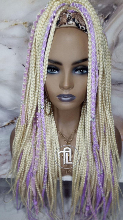 Headband Wig Blonde 613 Platinum Purple Lavendar Box Braids Gypsy Bohemian Boho Box Braids Long Straight Plaits Braided Wig Viking