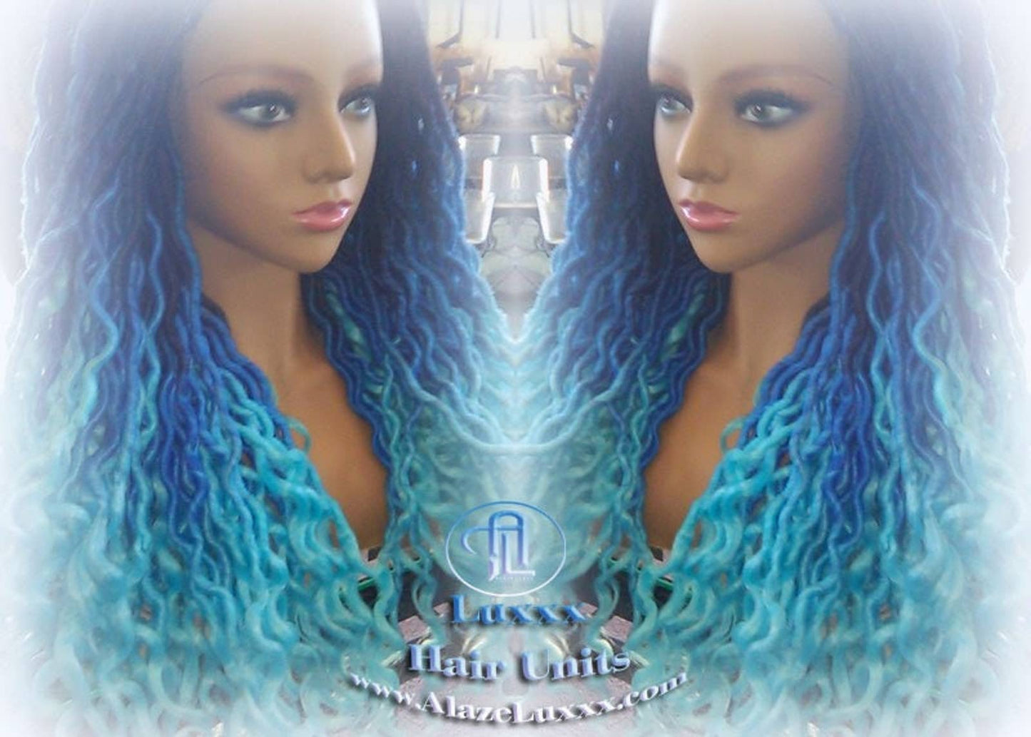 Blue Ombre Goddess Faux Locs Lace Closure w Baby Hairs Faux Loc Wig 4x4 Wig Mermaid curly long rainbow boho bohemian braids wig