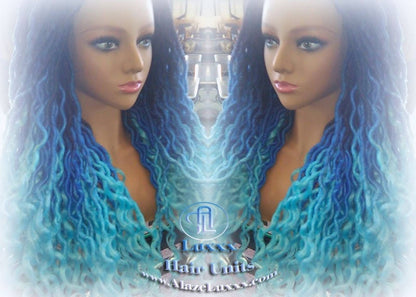 Blue Ombre Goddess Faux Locs Lace Closure w Baby Hairs Faux Loc Wig 4x4 Wig Mermaid curly long rainbow boho bohemian braids wig