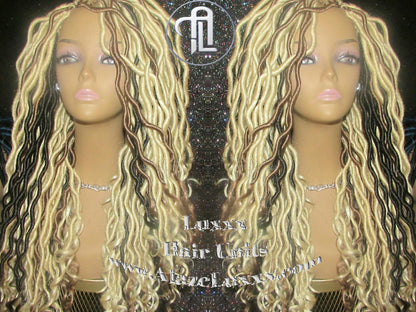 Platinum Blonde Gypsy Bohemian Boho Goddess Faux Dread Locs Wig Unit! Blonde #613 #27 Wavy NEW Marley Dred  Lock Wig Crochet Messy Hair Wig