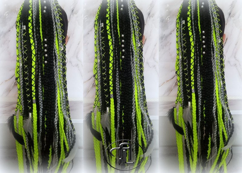 Ponytail Hair Fall Extensions Green Black Grey Ombre Elements Accents Feathers synthetic box braids hair scrunchie clip in Clip on Braids