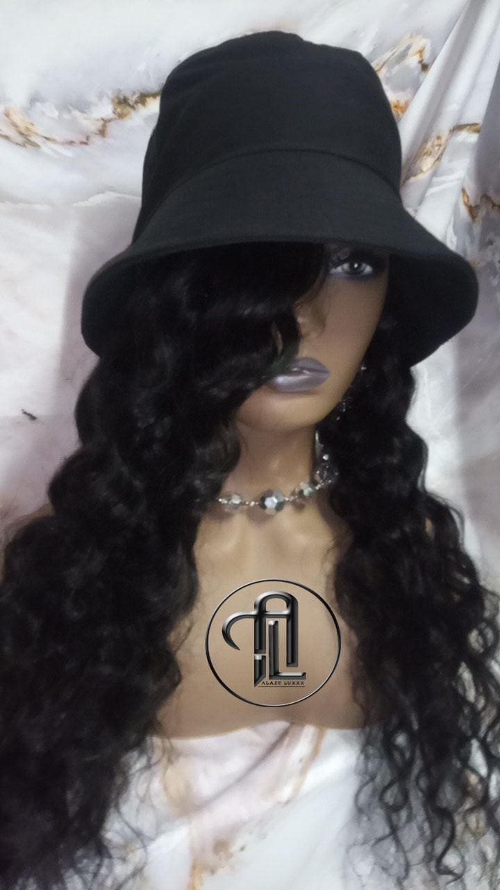 Bucket Hat Deep Wave Human Hair Black Wavy Hair Alopecia Chemo Hair Thinning Fisherman Hat Long Human Hair protective style Easy to wear