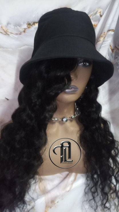 Bucket Hat Deep Wave Human Hair Black Wavy Hair Alopecia Chemo Hair Thinning Fisherman Hat Long Human Hair protective style Easy to wear