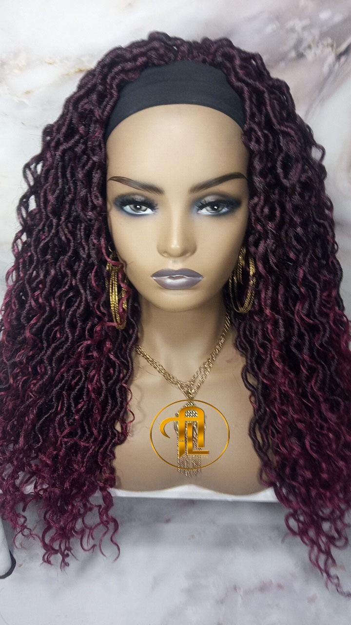 Headband Wig Mix Burgundy Black Ombre River Boho Loc Wig Goddess Faux Locs Gypsy Bohemian Curly Waterfall Hair Curly Ends