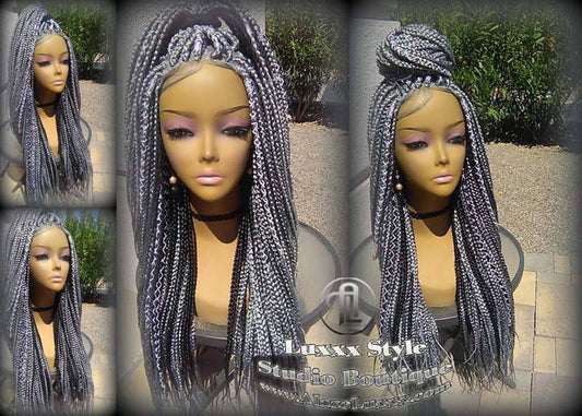 Grey Gray Silver Lace Baby Hair Box Braid 44 51 Wig Storm Long Medium Straight Glueless! Braid Lace Wig Pre Stretched Braiding Hair