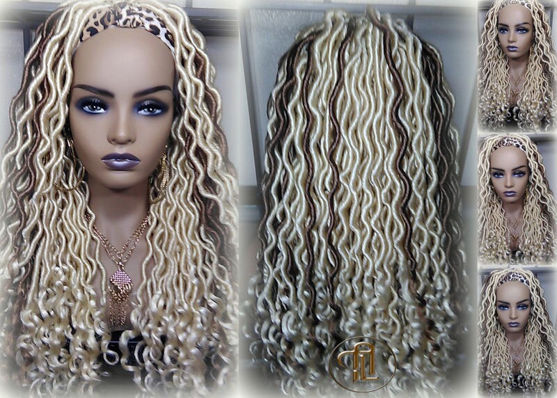 Headband Wig Blonde 613  27 Platinum Honey Blonde Goddess Faux Loc Gypsy Bohemian Boho Wig Blonde Wavy Waterfall Hair Crochet Braided Wig