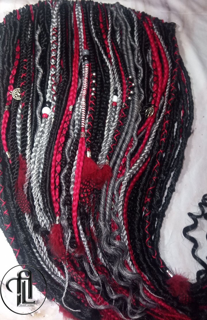 Red Black Silver Single Ended SE Set Kit  Soft Crochet Boho Dread Braid Hair Wrap Extensions Textured EDC EDM Hair Outfit Single Loop Dread