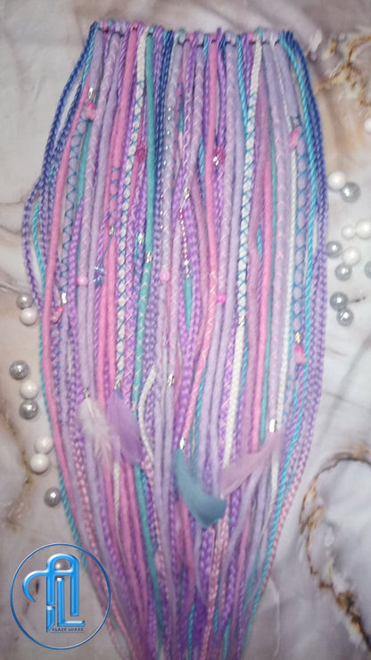 Purple Unicorn Cotton Candy Single Ended SE Set Crochet Boho Dread Braid Extensions Kawaii Festival Hair Teddy Bear Charms Hair Pink Blue