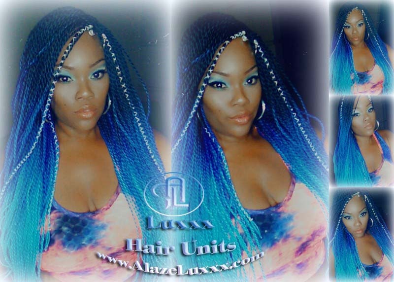 Blue  Unicorn Mermaid Wig Senegalese Twist Braid Wig Blue Ombre Small Long Micro Braids Royal Baby Sky Sale Alopecia Blue Braids