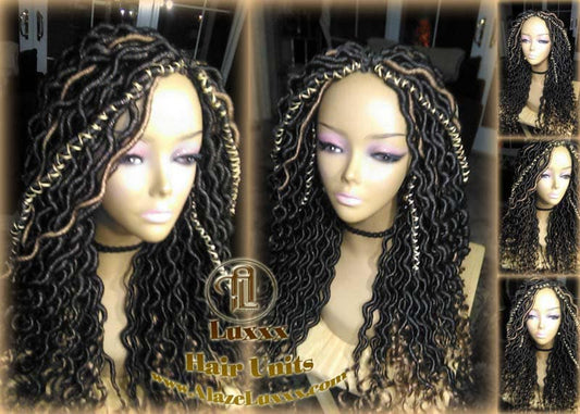 Black Blonde Goddess Faux Loc Wig  Long Wavy Blonde Tips Ends 27  Hair Bohemian Boho Gypsy Distressed Dread DE SE Dred Lock Braided Wigs