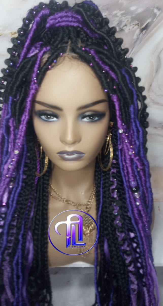 Full Lace Braid Dread Wig Black Purple Ombre Lavendar Goddess Faux Loc Wig Mermaid long rainbow boho bohemian braids wig