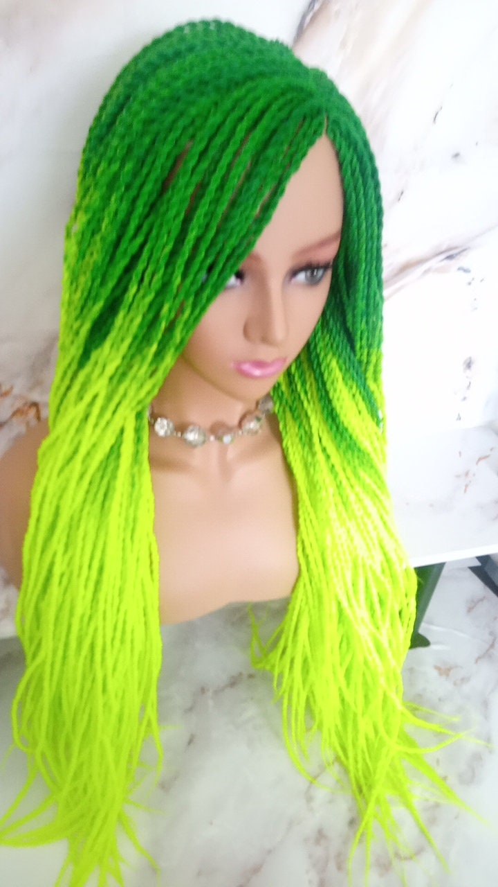 Green Florescent Gradient Chartreuse Slime Green Ombre Senegalese Twist Braid Wig Small Long Unicorn Braids Neon Festival EDC