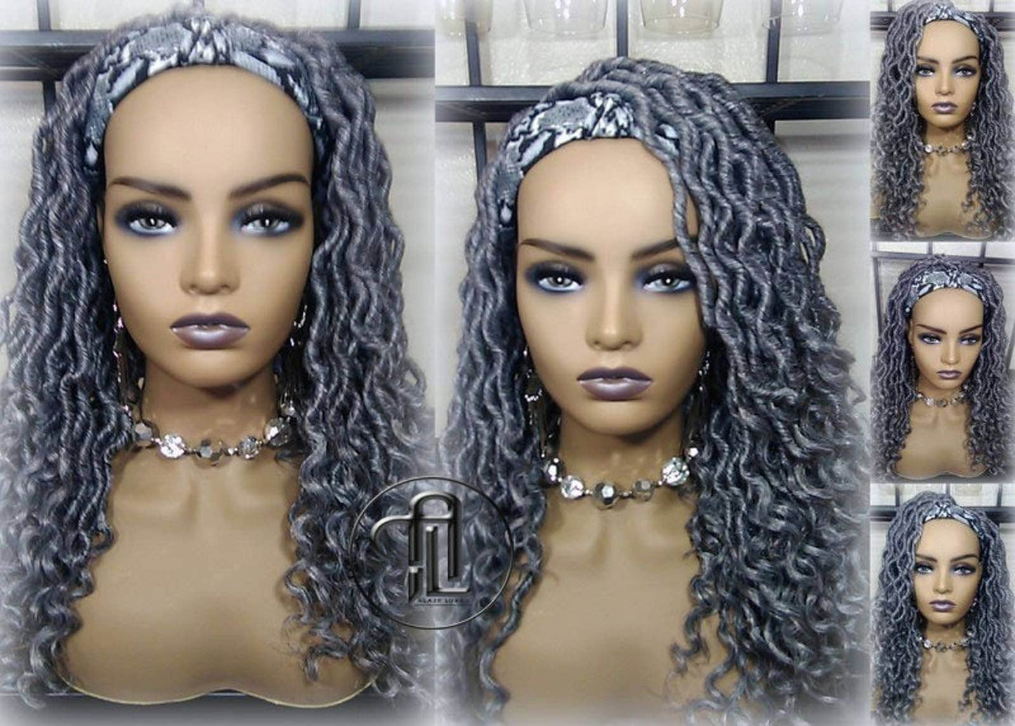 Headband Wig Short 14in Goddess Faux Dread Locs Salt N Pepper 44 51 Gypsy Boho Silver Grey Gray Platinum Storm Wig Unit Wavy READY TO SHIP