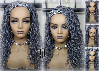 Headband Wig Short 14in Goddess Faux Dread Locs Salt N Pepper 44 51 Gypsy Boho Silver Grey Gray Platinum Storm Wig Unit Wavy READY TO SHIP