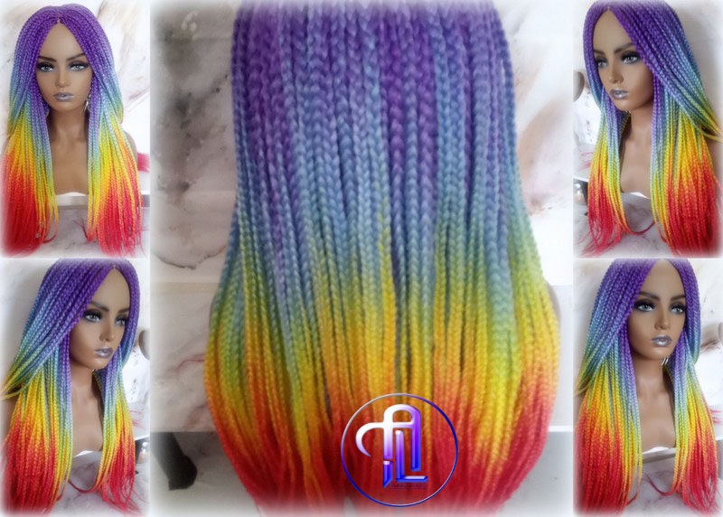 Rainbow Mermaid Purple Blue Yellow Orange  Wig Box Braids braided Synthetic hair Lace Part Wig Pride Ready to Ship LGBT Pride