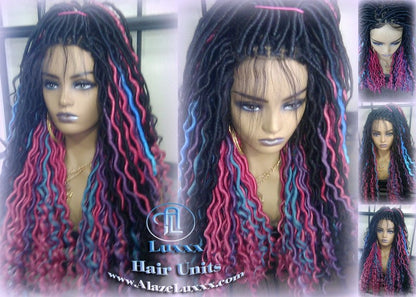 Blue Pink Purple Teal Ombre Goddess Faux Locs Lace Closure w Baby Hairs Faux Loc Wig 4x4 Wig Mermaid long rainbow boho bohemian braids wig