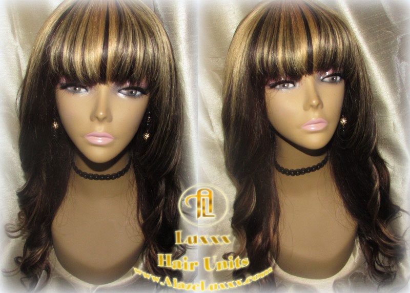 China Chinese Bang Virgin Hair Unit Wig Brown Honey Blonde Ombre Straight Hair Highlights Balayage Brown 27  dark roots Alopecia Wig Stylist