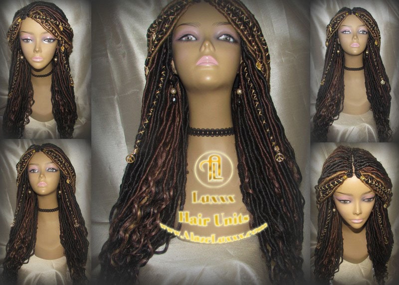 Brown Long Wavy Goddess Faux Locs Blonde Honey 30 33 27 Hair Gypsy Bohemian Boho Dread Loc 27 DE SE Dred Lock  Braided Wigs Festival Hair