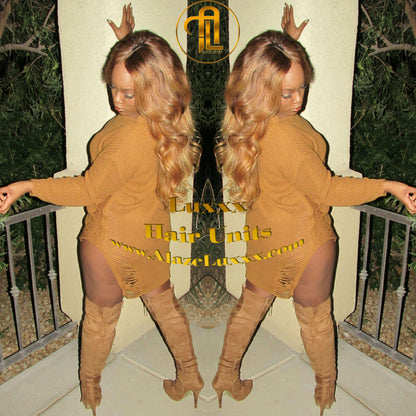 Blonde Auburn 27/30 Dark Roots Ombre 20 In' Straight Long Honey  Custom Color Virgin Hair Unit Lace FrontWigs Kim Khloe Kardashian Wig Look