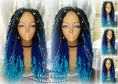 Goddess Faux Locs Blue Ombre curly long wig synthetic dreads crochet braids Mermaid Hair Drag Queen Cosplay Wig Carnival Festival Hair
