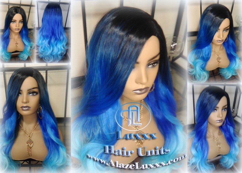 Blue Ombre Gradient Human Hair Wig Weave Extensions Mermaid long rainbow weave weft tracks bohemian Goddess