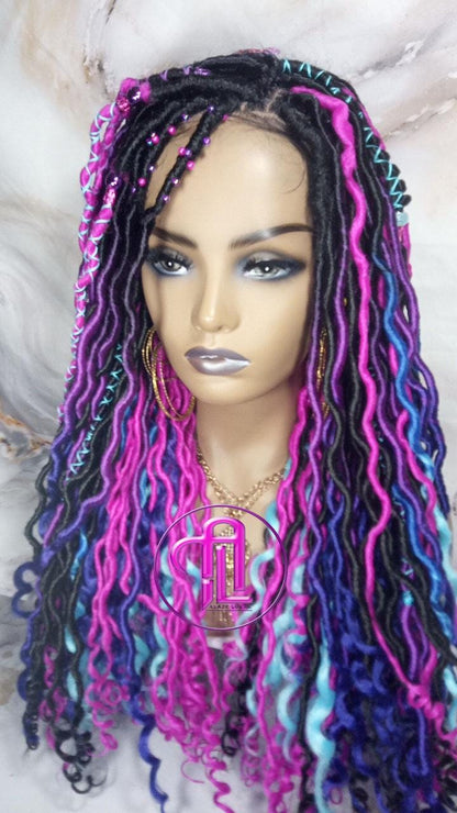 Full Lace Braid Dread Wig Black Blue Pink Purple Ombre Goddess Faux Loc Wig Mermaid long rainbow boho bohemian braids wig