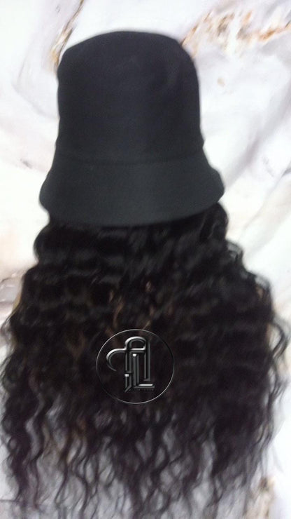 Bucket Hat Deep Wave Human Hair Black Wavy Hair Alopecia Chemo Hair Thinning Fisherman Hat Long Human Hair protective style Easy to wear