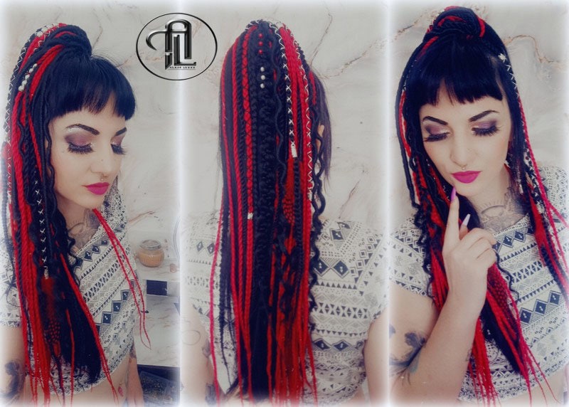 Red Rave Ponytail Hair Fall Viking Extensions Black Red Elements Accents Feathers synthetic box braids hair scrunchie Cosplay Anime